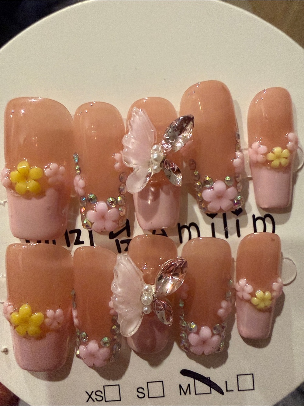 Handmade acrylic Press-On Nails Set with Pink Butterflies & 3D Flowers